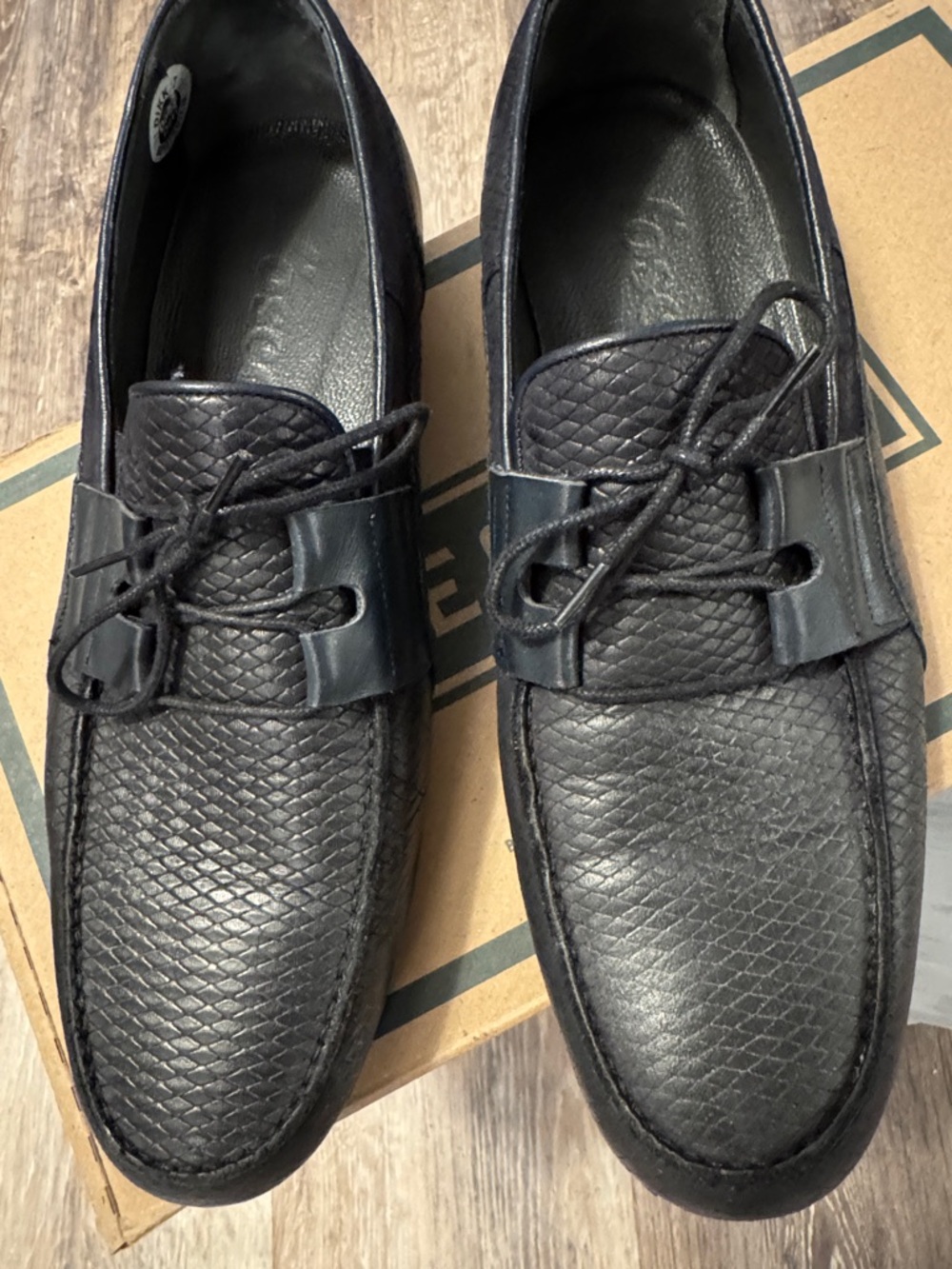Men's Black Textured Leather Slip-On Loafers with Lace Accent